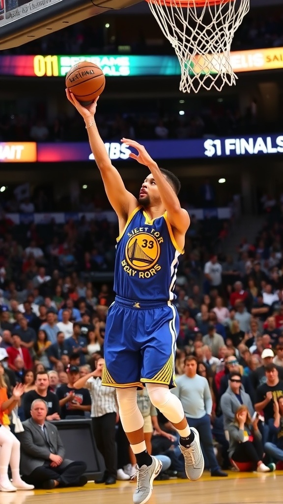 Steph Curry shooting a three-pointer in NBA Finals Game 4, with fans in the background.
